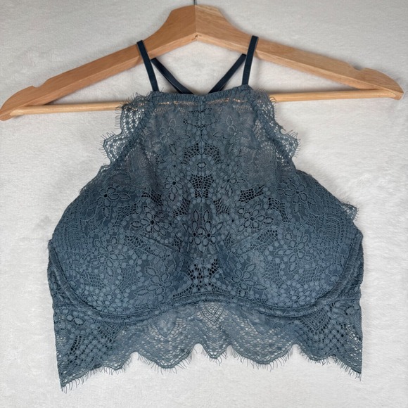 PINK Victoria's Secret Eye Lash Lace High Neck Push Up Bralette Gray Size S AA-C - Picture 2 of 9